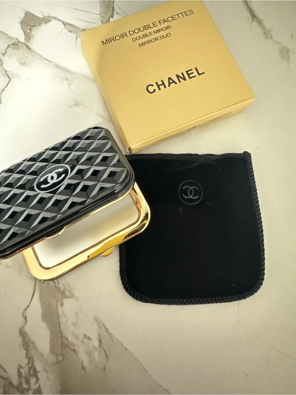 CHANEL Black & Gold Compact Double Mirror with Quilted Lid